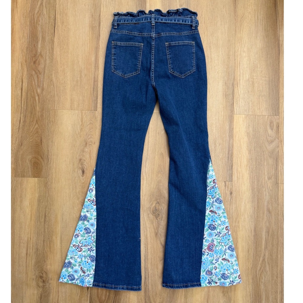 Boho Handmade Floral Flare Jeans Paperbag Waist Tie Bell Bottom hippie indie - Picture 3 of 9